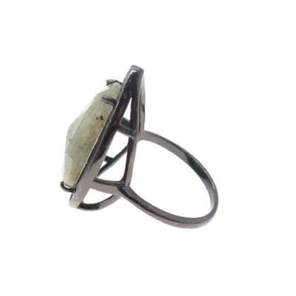 925 Sterling Silver Black Rhodium Real Labradorite & C Z Teardrop Ring Size 9.25 - Picture 6 of 8